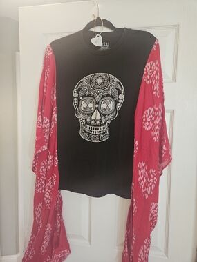 Upcycled Mix And Match Black Sugar Skull Top with Pink Printed Kimono Sleeves